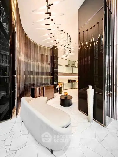 Luxurious modern living room with elegant lighting and sleek design elements