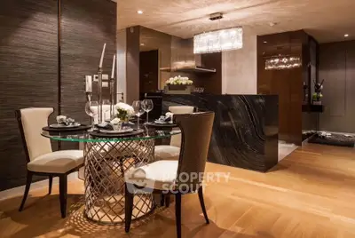 Luxurious dining area with elegant decor and modern lighting in upscale apartment.