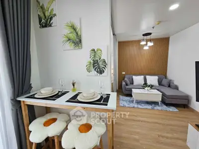 Modern living room with stylish decor and cozy seating area