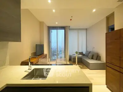 Modern open-layout kitchen and living room with city view and stylish decor
