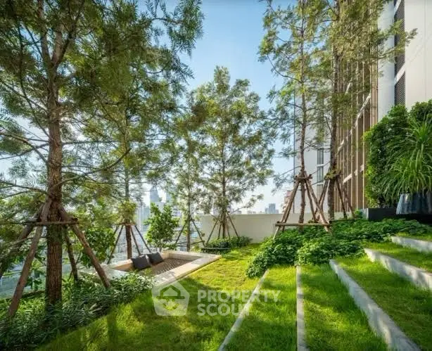 Luxurious rooftop garden with lush greenery and city view, perfect for relaxation and leisure.