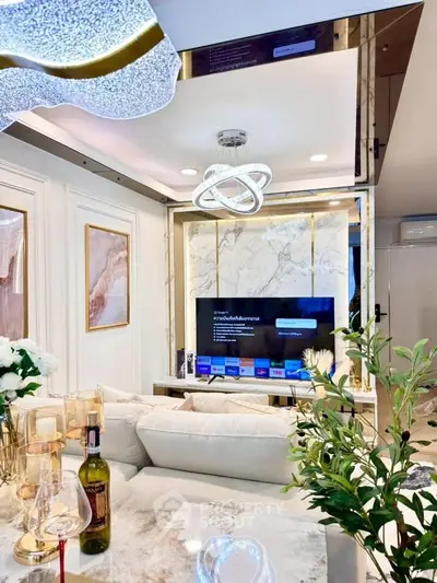 Luxurious modern living room with elegant decor and marble accents