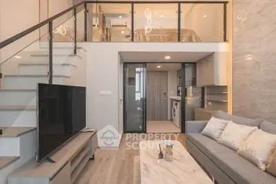 Modern loft apartment with stylish living room and mezzanine bedroom