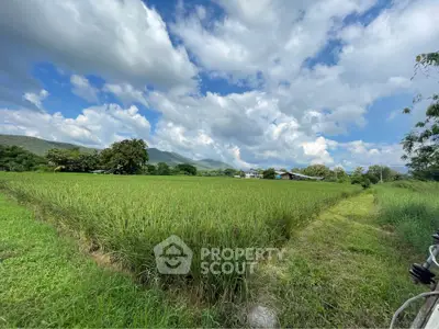 Expansive green field with mountain views under a vibrant blue sky, perfect for agricultural or development opportunities.