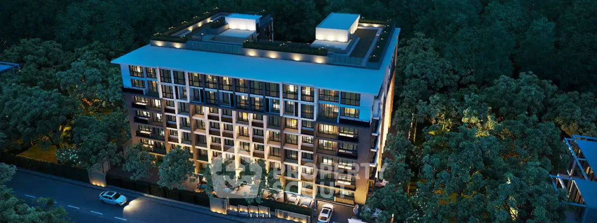 Stunning aerial view of modern apartment building surrounded by lush greenery, perfect for urban living.