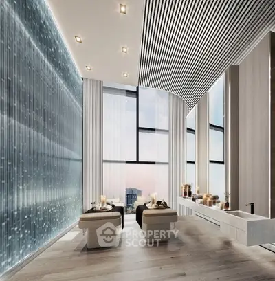 Luxurious modern bathroom with panoramic city view and elegant design