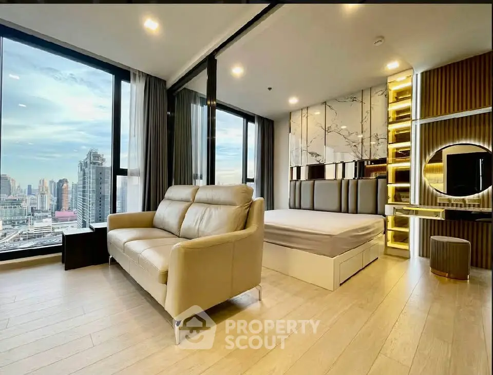 Luxurious modern bedroom with stunning city view and elegant decor