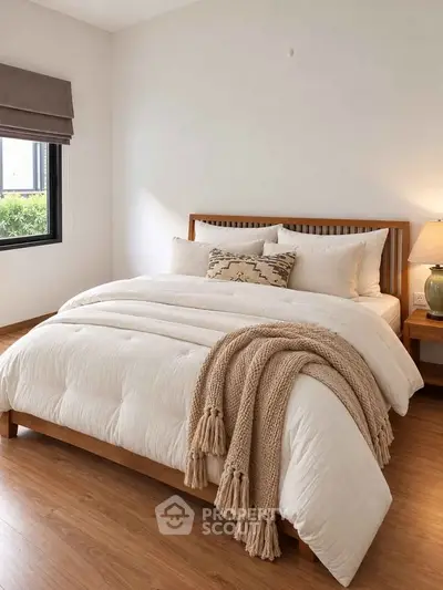 Cozy bedroom with wooden flooring and stylish decor, featuring a comfortable bed and soft lighting.