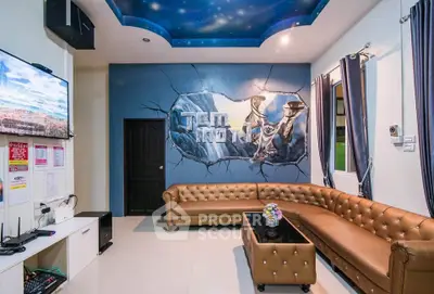 Stylish living room with unique wall art and modern furnishings