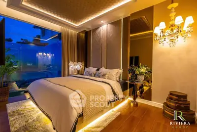 Luxurious bedroom with ambient lighting and elegant decor, featuring a large window with a stunning view.