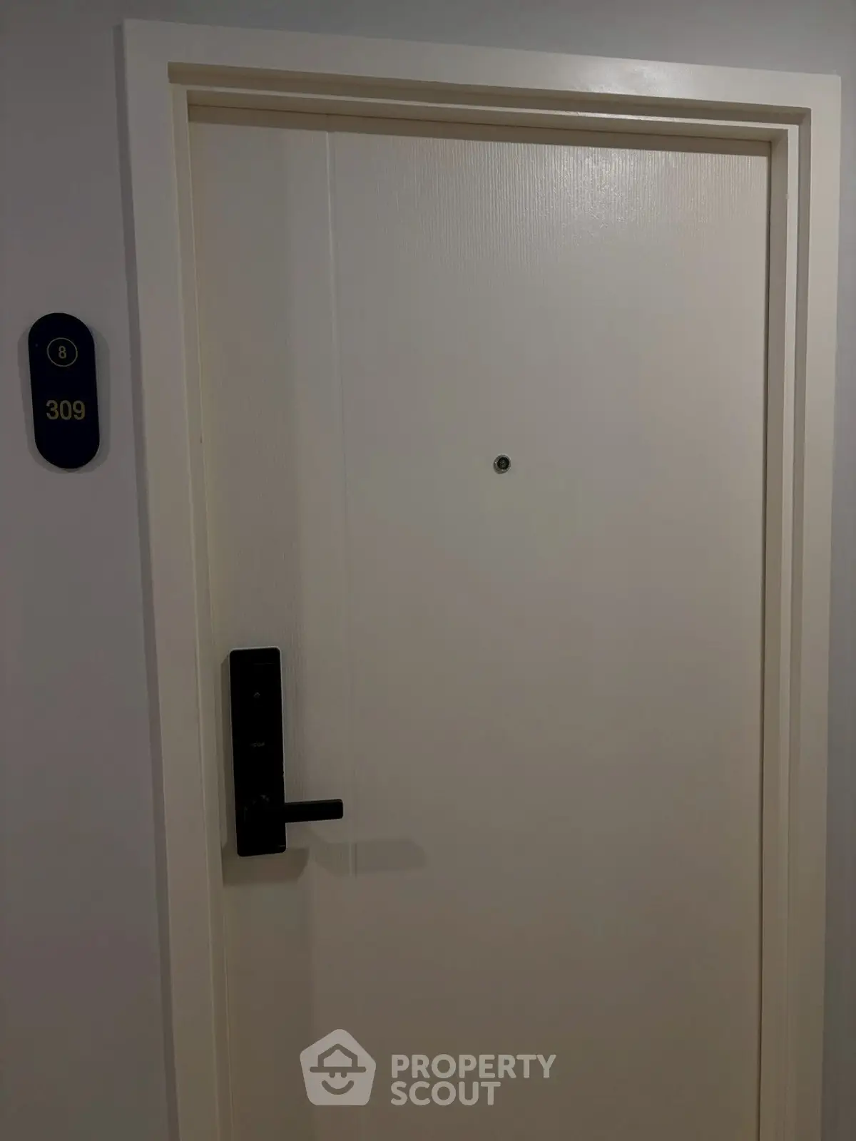 Modern apartment door with digital lock and room number 309, showcasing secure entry features.