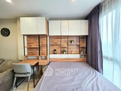 Modern bedroom with stylish wooden shelving and cozy bed setup