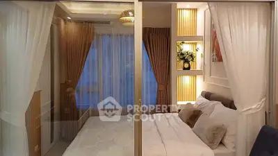 Luxurious bedroom with elegant decor and ambient lighting, featuring plush bedding and stylish curtains.