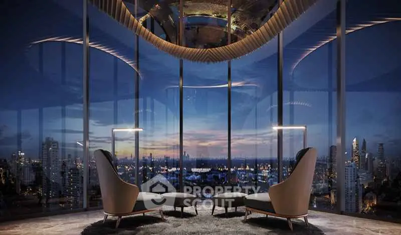 Luxurious high-rise living room with panoramic city skyline view at sunset.