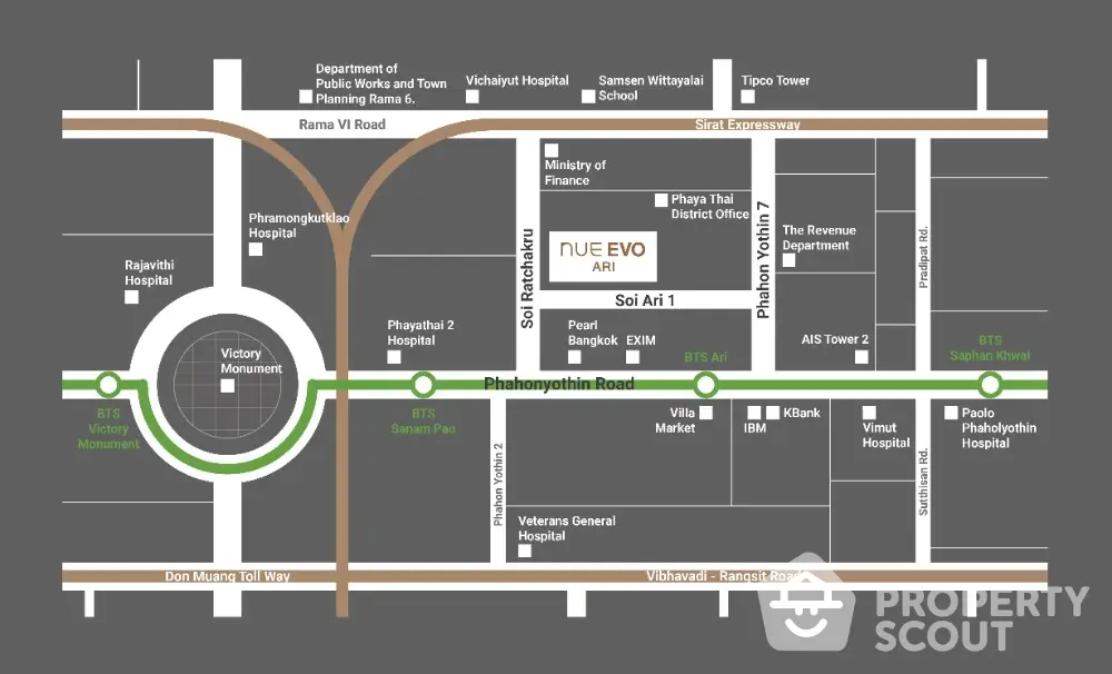 Map showcasing Nue Evo Ari location near Victory Monument and Phahonyothin Road in Bangkok.