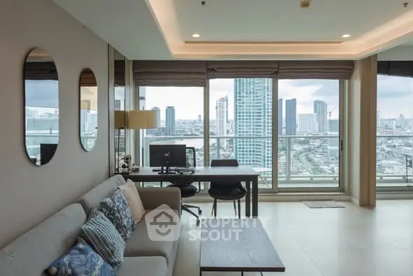 Modern living room with city view, stylish decor, and large windows in high-rise apartment.