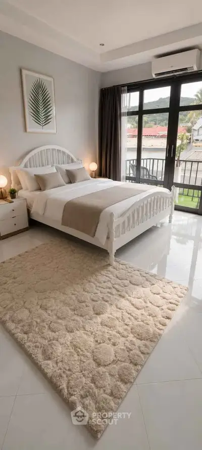 Elegant bedroom with large windows and balcony access, featuring modern decor and natural light.
