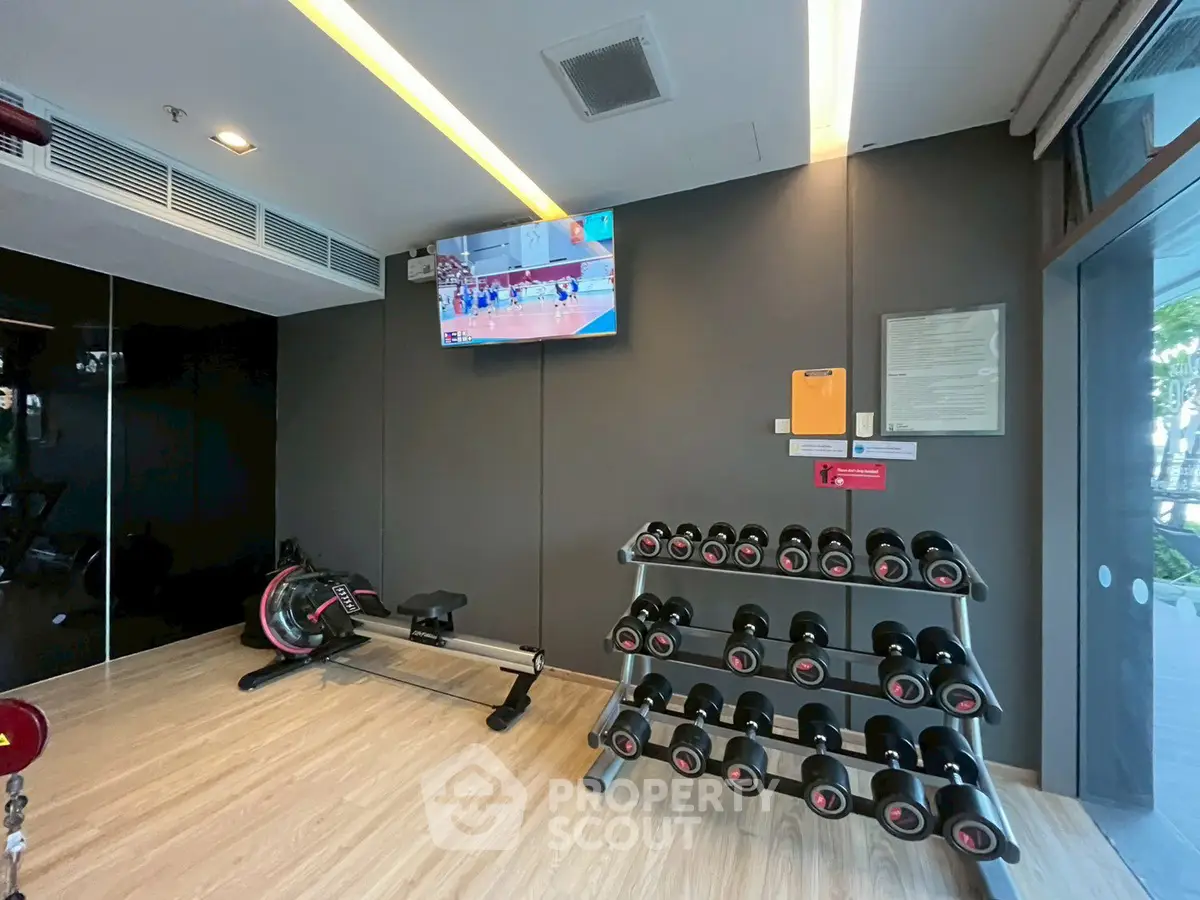 Modern gym with dumbbells and rowing machine in sleek fitness center
