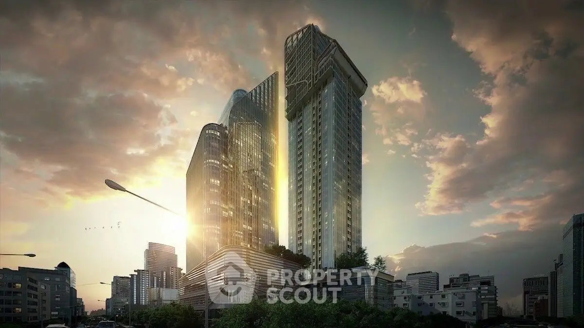 Stunning modern skyscraper with unique architecture and sunset backdrop in urban setting.