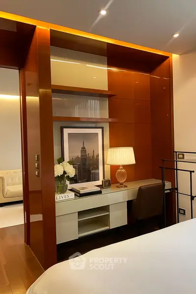 Luxurious bedroom with elegant study nook and modern decor