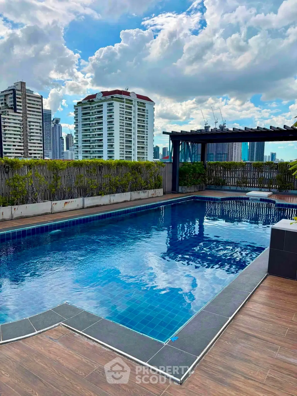 Luxurious rooftop pool with stunning city skyline views, perfect for relaxation and leisure.