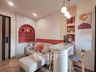 Stylish modern living room with cozy sofa and chic bar counter