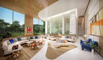 Luxurious modern living room with elegant decor and large windows offering garden views.