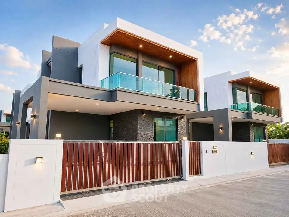 Modern luxury home with sleek design, large windows, and spacious balconies in a serene neighborhood.