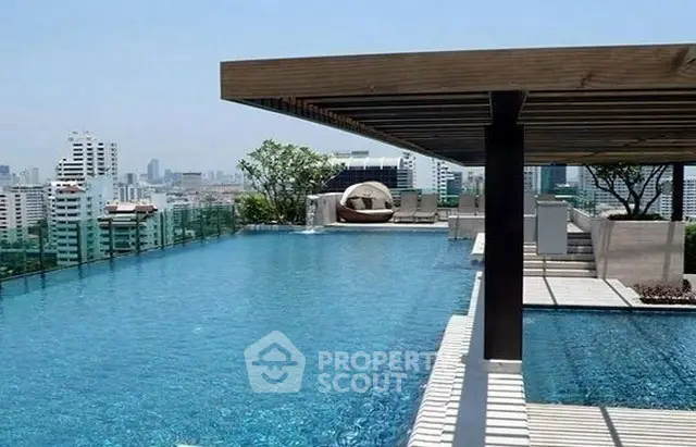 Luxurious rooftop pool with stunning city skyline view in modern urban setting.