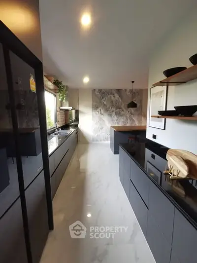 Modern kitchen with sleek black cabinets and marble flooring