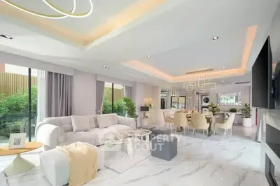Luxurious modern living room with elegant decor and spacious dining area, featuring large windows and stylish lighting.