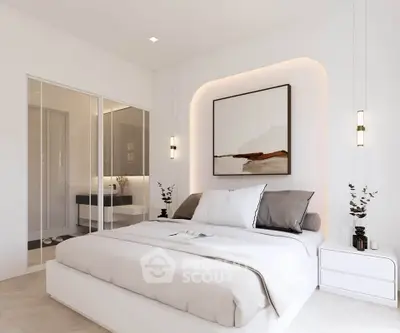 Luxurious modern bedroom with elegant decor and ambient lighting, featuring a stylish bed and contemporary artwork.