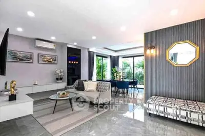Luxurious modern living room with elegant decor and spacious layout, featuring large windows and stylish furniture.