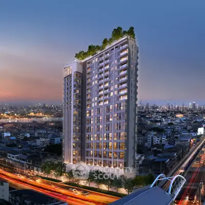 Stunning high-rise building with cityscape view at dusk, featuring modern architecture and rooftop greenery.