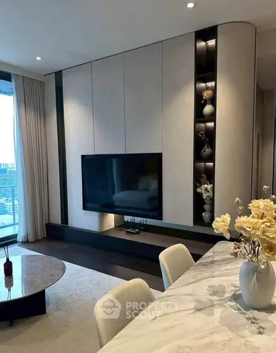 Luxurious modern living room with elegant decor and city view