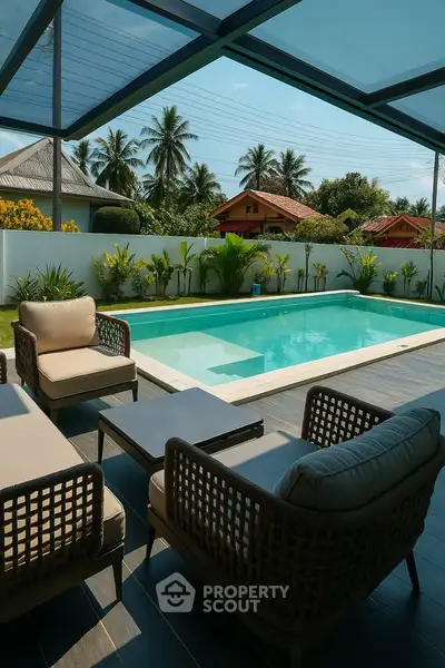 Luxurious outdoor pool area with stylish seating and tropical garden view.
