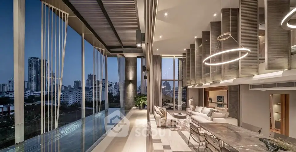 Luxurious modern living room with stunning city view and infinity pool, featuring elegant lighting and spacious design.