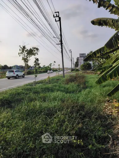 Scenic roadside view with lush greenery and distant buildings, ideal for real estate development.