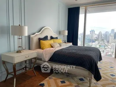 Luxurious bedroom with stunning city view and elegant decor