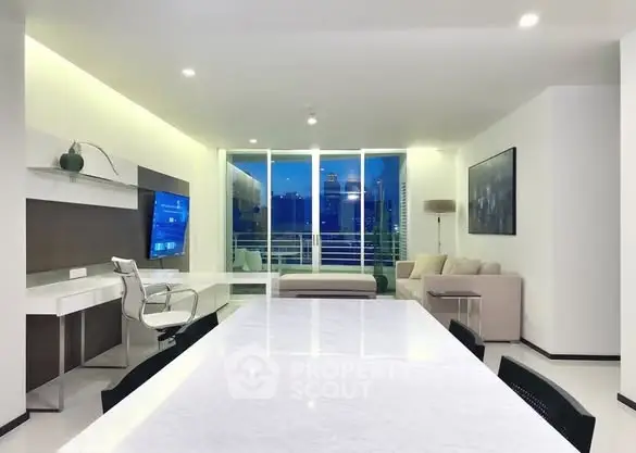 Modern living room with city view, sleek furniture, and ambient lighting.