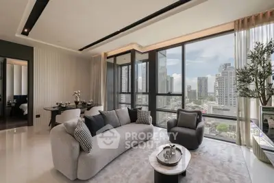 Luxurious modern living room with panoramic city views and elegant furnishings.