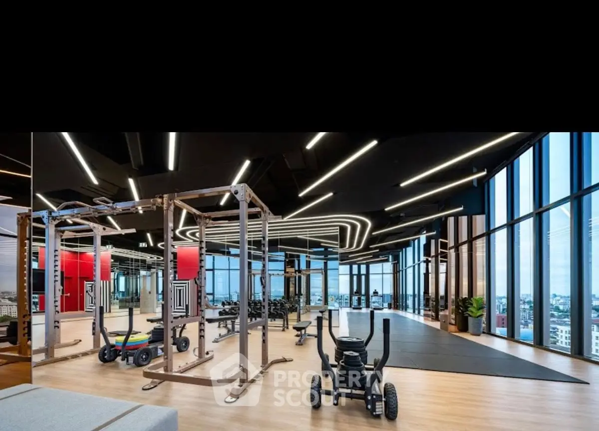 Luxurious gym with panoramic city views and modern equipment