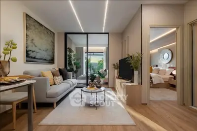 Modern living room with elegant decor and view into a stylish bedroom, featuring cozy seating and natural light.