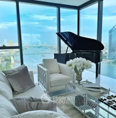 Luxurious living room with grand piano and stunning city view through floor-to-ceiling windows.
