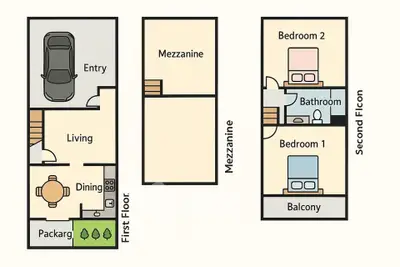 Modern townhouse floor plan with mezzanine, two bedrooms, and balcony.