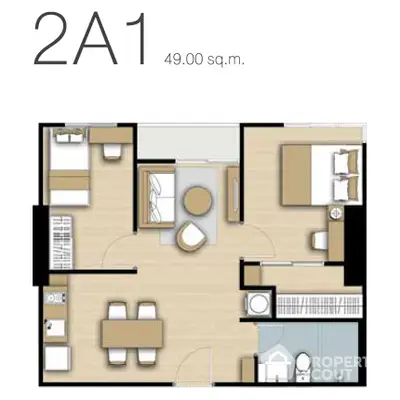 Modern 2A1 floor plan with efficient layout and stylish design, perfect for urban living at 49 sq.m.