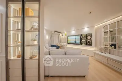 Luxurious modern living room with elegant decor and ambient lighting