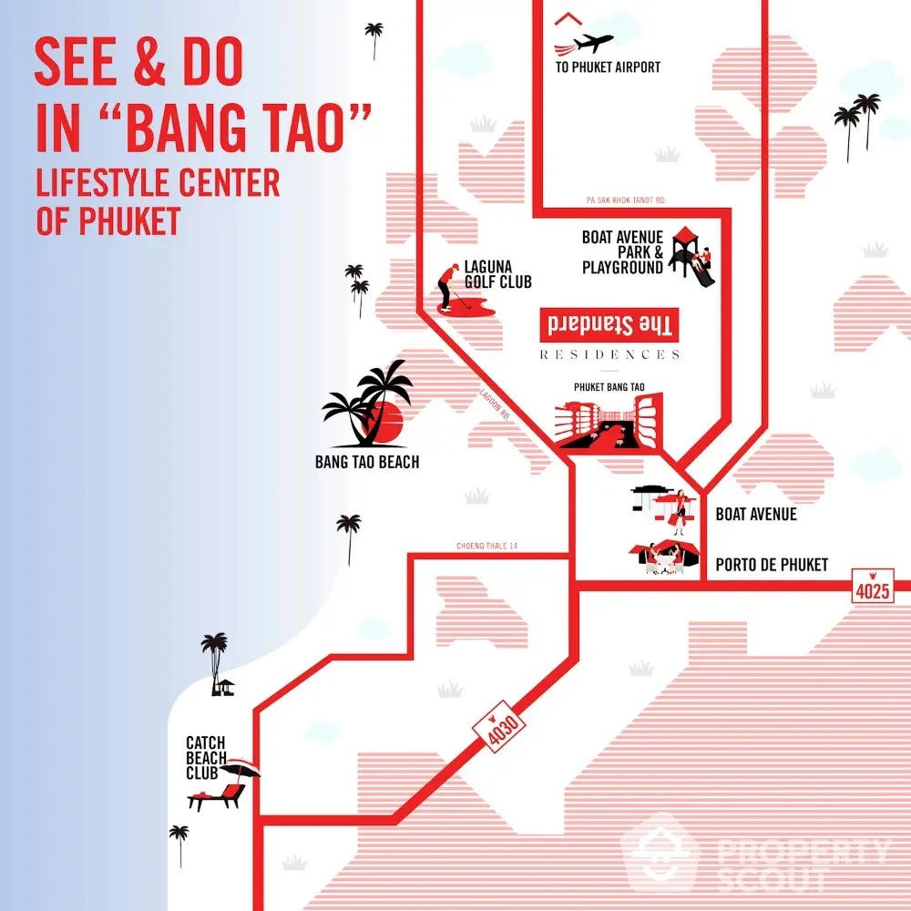 Map highlighting lifestyle attractions in Bang Tao, Phuket including beaches and golf clubs.