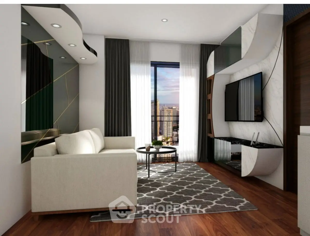 Modern living room with stylish decor and city view, featuring a cozy sofa and sleek entertainment unit.
