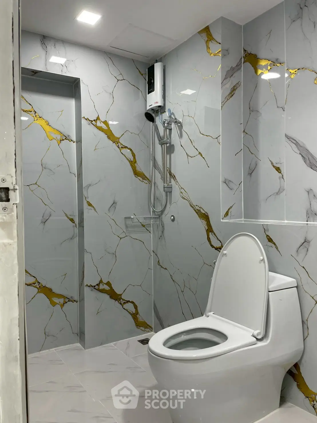 Luxurious bathroom with elegant marble tiles and modern fixtures